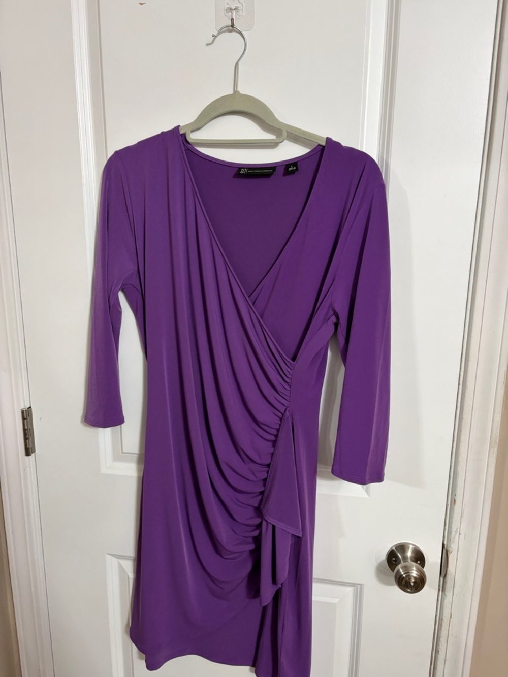 New York & Company Purple Ruched Wrap-Front Long Sleeve Dress